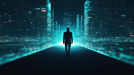 Wall Mural - human silhouette walking on a path of glowing ideas, leading toward a futuristic city, innovation jo