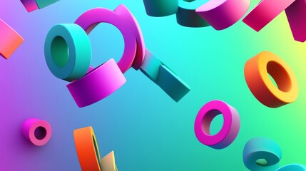 Colorful 3D shapes floating in front of a blurred gradient background.