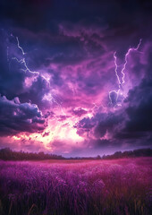 Wall Mural - fantasy purple field with dramatic sky and lightning: perfect for greeting cards, invitations, banne