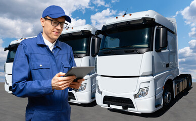 Poster - Fleet manager with digital tablet on a background of trucks	