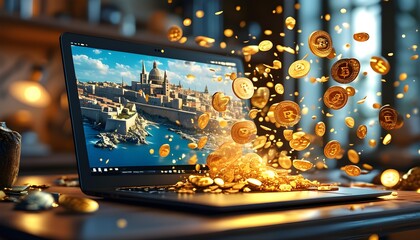 Dynamic cryptocurrency influx into a laptop amidst puzzle elements, showcasing the digital landscape of cyber Malta