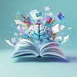 © lara - An open book with a brain emerging from its pages, surrounded by floating objects representing knowledge and ideas.