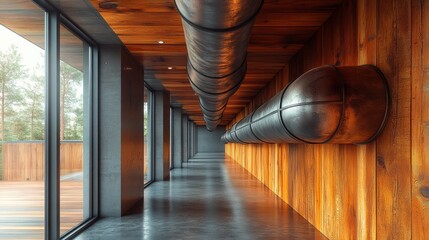 Poster - Modern office building corridor featuring exposed industrial piping