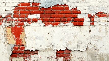 Poster - Old damaged brick wall with chipping white paint showing red bricks