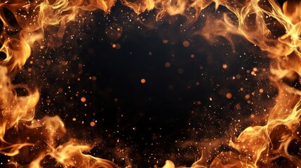 Wall Mural - fire flames frame bordering empty black background with burning particles