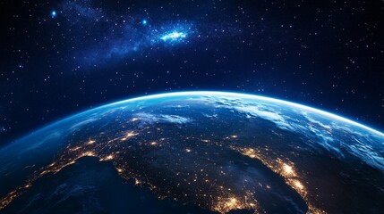 Wall Mural - planet earth rotating showing night city lights and milky way galaxy