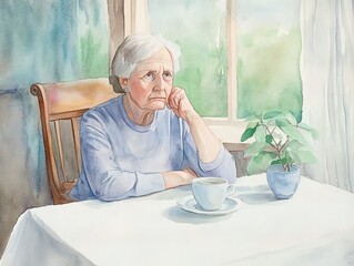 Watercolor painting of an elderly woman sitting alone at a table with a cup and plant by a window, depicting solitude and contemplation.