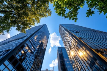 A modern cityâ€™s financial district, with glass towers reflecting the morning sun