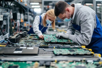 Two technicians are focusing on intricate circuit boards, diligently assembling components. The environment is well-lit and organized, highlighting their teamwork