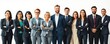© CS - A diverse group of 16 individuals, dressed in business attire, stand in a line against a white background, with some smiling and others looking serious
