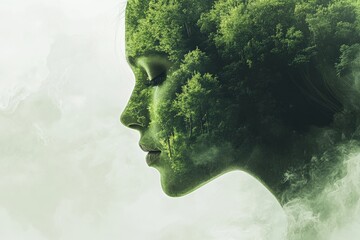 Canvas Print - Side profile of a woman with fog and tree elements symbolizing creativity thought and the dynamic connection between mind and nature