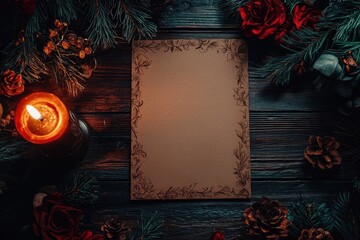 Elegant blank paper surrounded by festive decorations, candle, and nature elements creates a warm holiday atmosphere.