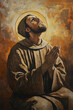 © Russell - An oil painting of Saint Francis of Assisi, depicted in a humble and serene posture