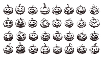 Wall Mural - Spooky Pumpkins Illustrations Hand-Drawn Comics Style Set Black On White Fun Pumpkin Designs Various Spooky Faces Whimsical Halloween Kids Book Illustrations Collection