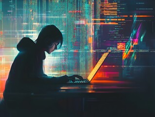 Silhouette of a Coder Rapidly Typing on Laptop with Glowing Digital Interfaces Projected in the Background