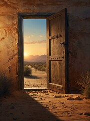 Poster - Illustration of a door leading to a desert at sunrise.