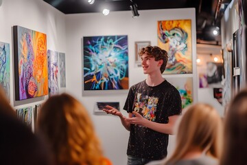 Young Showcasing Artworks at First Gallery Exhibition with Appreciative Audience