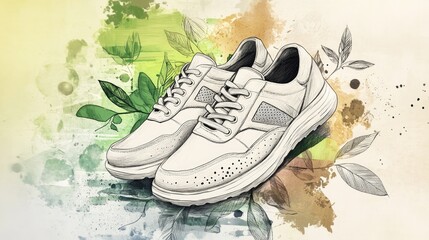 Wall Mural - A pair of white sneakers with laces on a watercolor background with green leaves.