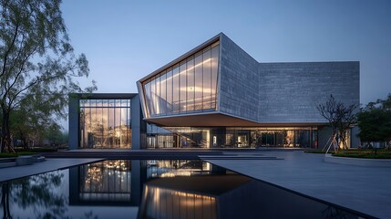 Wall Mural - Modern architecture building with a reflecting pool in front.