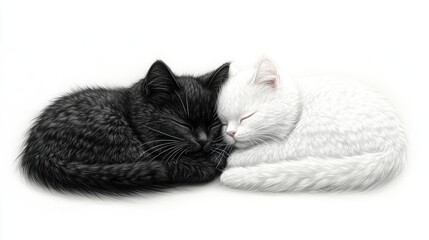 Two adorable kittens, one black and one white, peacefully sleeping.