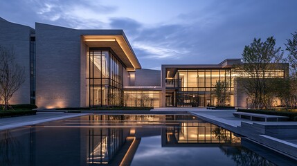 Wall Mural - Modern architecture with a reflecting pool in the foreground, illuminated by warm lights at dusk.