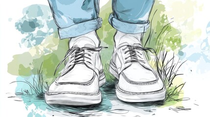 Wall Mural - A pair of white leather shoes with laces, worn by a person in blue jeans, standing on grass.