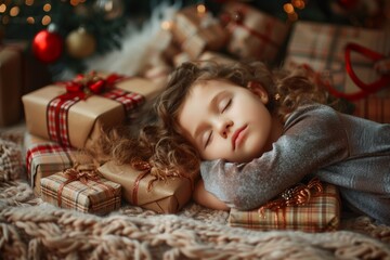 Wall Mural - Tranquil sleep time captures tender moment of girl's rest. Morning or evening rest depicts serene angelic innocence. Dreamlike rest captures harmonious spirit and safety of youth.