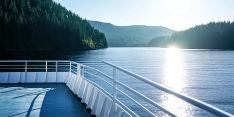 Poster - Captured from a boat deck, this scenic image showcases a serene lake surrounded by lush green forests with the sun reflecting off the water, evoking a sense of tranquility.