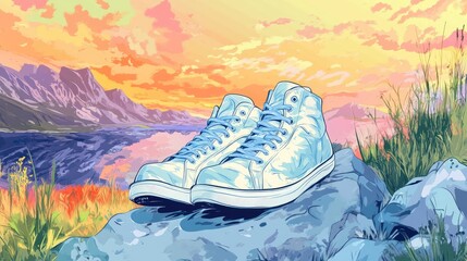 Wall Mural - A pair of white sneakers on a rock overlooking a lake at sunset.