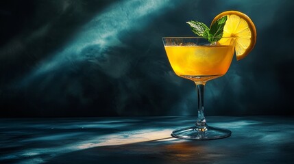 Wall Mural - Orange cocktail standing on bar with smoke in background