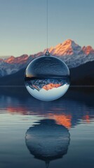 Wall Mural - Crystal ball reflecting snowy mountain range at sunset