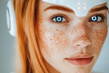 Canvas Print - Freckled woman with glowing AI interface symbolizing the fusion of human cognition and artificial intelligence in a conceptual space