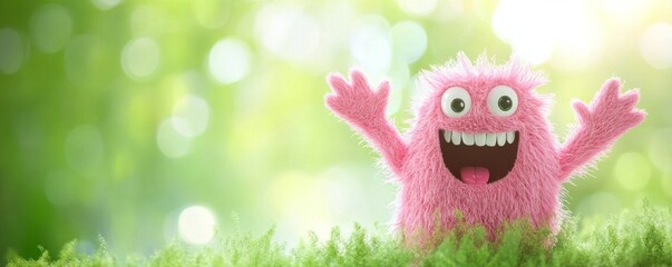 Pink furry monster waving hello in nature