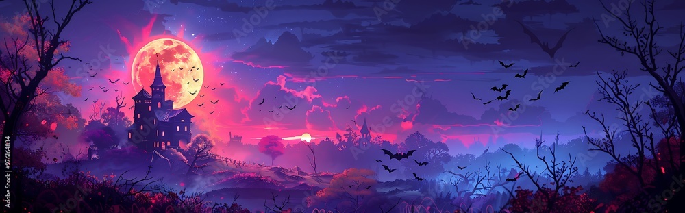 A Halloween vector scene with a full moon, flying bats, and a creepy ...