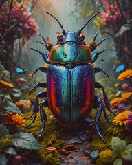 Close-up of a beetle sitting on the ground surrounded by flowers