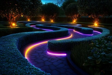 Magical Garden Maze visualized in a vibrant landscape, with twisting, enchanted hedges that change and glow as you navigate through them