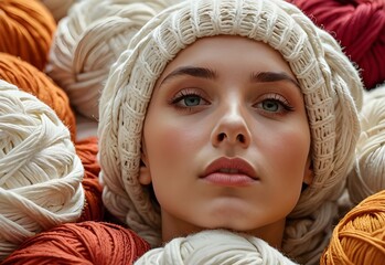 Portrait of a woman surrounded by yarn in neutral and earthy tones