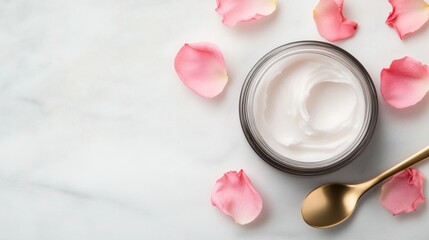 A beautiful flat lay of cream in a jar with rose petals, perfect for skincare, beauty, and wellness themes.