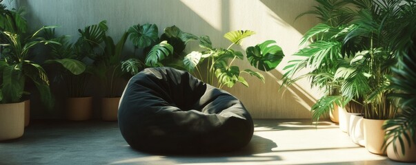 Cozy black bean bag in room with indoor plants, natural lighting. Interior design and relaxation concept