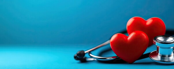 A stethoscope, vibrant hearts, and a calming blue background symbolize health and care in a medical setting.