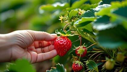 Vibrant close-up of a hand selecting a ripe red strawberry from lush green foliage, showcasing the freshness of natures bounty