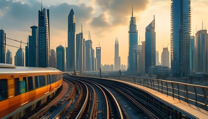 Dynamic skyline featuring curved train tracks weaving through modern skyscrapers in an industrial urban setting