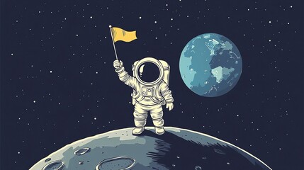 astronaut in space suit plants a flag on the moon with earth in the background.