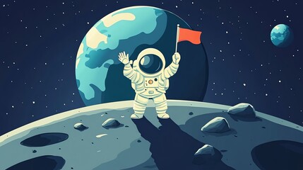 Wall Mural - An astronaut stands on a moon-like surface with a flag, waving to a planet in the distance.