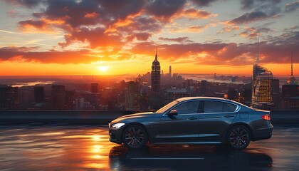 Urban sunset silhouette of a car against a vibrant city skyline