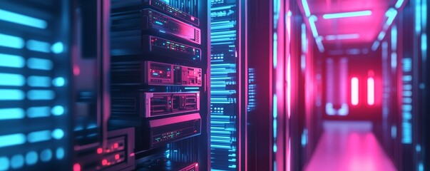 Sticker - Server room hosting big data with futuristic neon lights