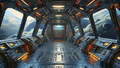 Futuristic spaceship cabin overlooking an exotic alien planet landscape