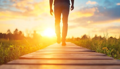 A person walking on a wooden path towards a beautiful sunset, surrounded by vibrant nature. Ideal for themes of journey and peace.