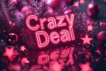 Neon sign with text 'Crazy Deal' on bokeh background with sparkling lights and stars