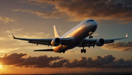 Wall Mural - Passenger plane taking off at sunset or dawn